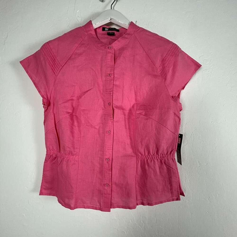 Carole Little Womens Pink Button-Down Short Sleeve Blouse XL Elastic Waist New